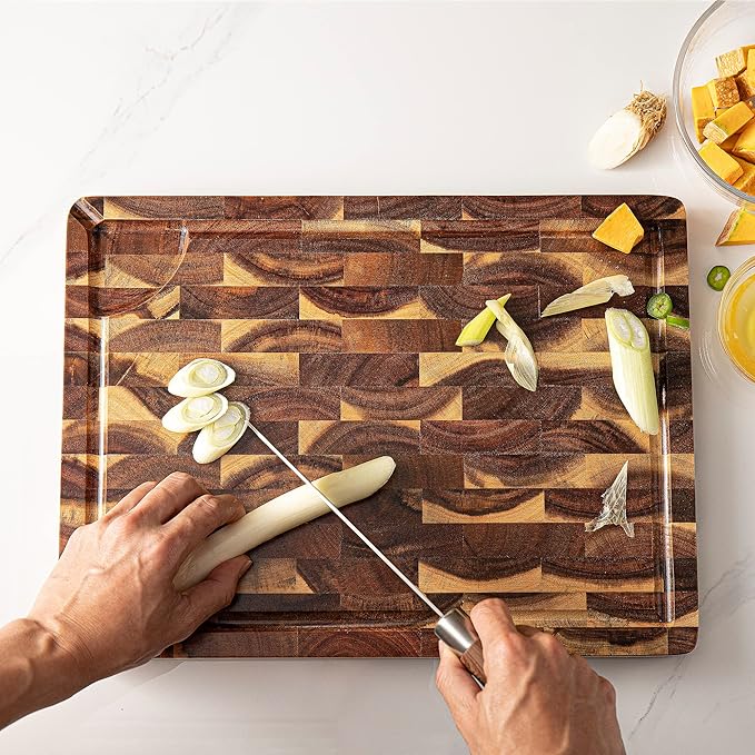 End Grain Butcher Block 15"x11", Premium Acacia Wood Cutting Board with Juice Groove, TJ POP Medium Chopping Board for Kitchen, 1.2" Thick