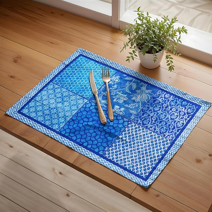 Maison d' Hermine Placemats Set of 4 100% Cotton Washable Cloth Place Mats, Reusable Table Mats for Kitchen Dining Decoration, Party, Wedding, Restaurant Spring/Summer (Indigo Love, 13" x 19")