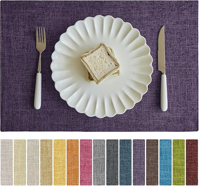 Softalker Faux Linen Placemats Set of 4-12 x 18 Inch, Heat Resistant Double Layered Durable Burlap Farmhouse Place Mats, Non-Slip Washable Rustic Table Mats for Dining, Kitchen, Party（Purple