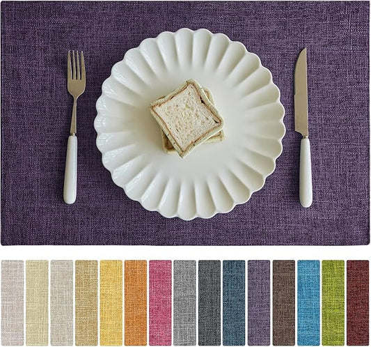 Softalker Faux Linen Placemats Set of 4-12 x 18 Inch, Heat Resistant Double Layered Durable Burlap Farmhouse Place Mats, Non-Slip Washable Rustic Table Mats for Dining, Kitchen, Party（Purple