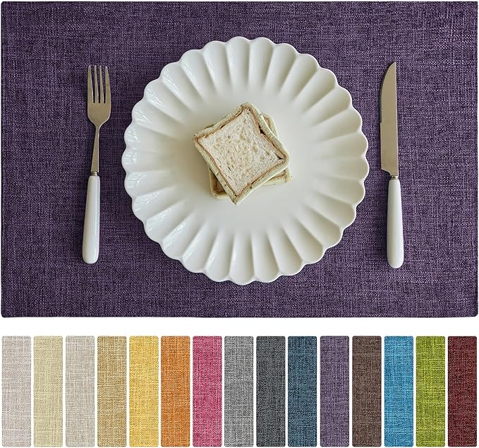 Softalker Faux Linen Placemats Set of 6-12 x 18 Inch, Heat Resistant Double Layered Durable Burlap Farmhouse Place Mats, Non-Slip Washable Rustic Table Mats for Dining, Kitchen, Party（Purple