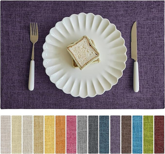 Softalker Faux Linen Placemats Set of 6-12 x 18 Inch, Heat Resistant Double Layered Durable Burlap Farmhouse Place Mats, Non-Slip Washable Rustic Table Mats for Dining, Kitchen, Party（Purple