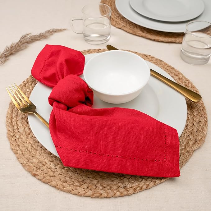 Blue Needles Set of 12 Hemstitch Linen Napkins 100% Cotton Red Cloth Dinner Napkins 18x18 inches, Soft, Reusable, Absorbent, Washable, Ideal for Fall Thanksgiving Events, Parties & Everyday Use