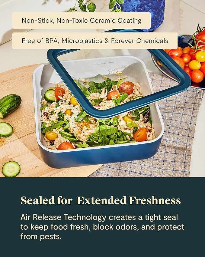 Caraway 6pc Glass Food Storage Set – 10 Cup Food Containers (6) - Ceramic Coated - Non Toxic, Non Stick with Lids - Microwave Safe - Mist