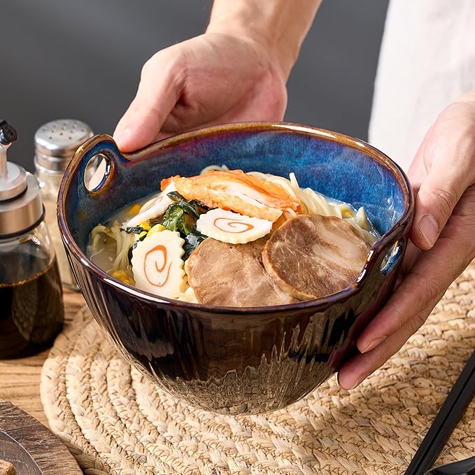 Ramen Bowl with Chopsticks and Spoons Set, 7 Inch Ceramic Noodle Bowl Set of 2, Dishwasher Safe for Pho Udon Soba Noodle Salad Pasta, Special Reactive Glazed Dark Blue Bowls Set