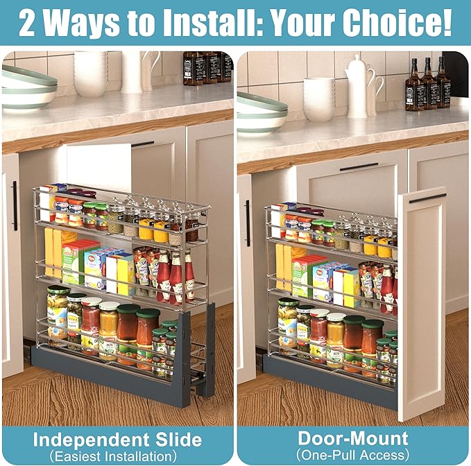 Pull Out Spice Rack for Narrow Cabinet (7.8" W X 19.7" D), Heavy Duty 3 Tier narrow PullOut Cabinet Organizer and Slide Out Shelves for inside Base Cabinets, Filler Pantry Storage