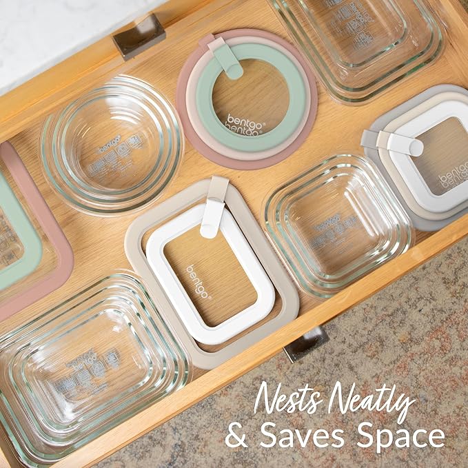 Bentgo Signature Leak-Proof Glass Food Storage - 8-Piece Set, 1-Compartment Plastic-Free Containers with Airtight Glass Lids, BPA-Free, Microwave, Freezer, Oven & Dishwasher Safe (White Stone)