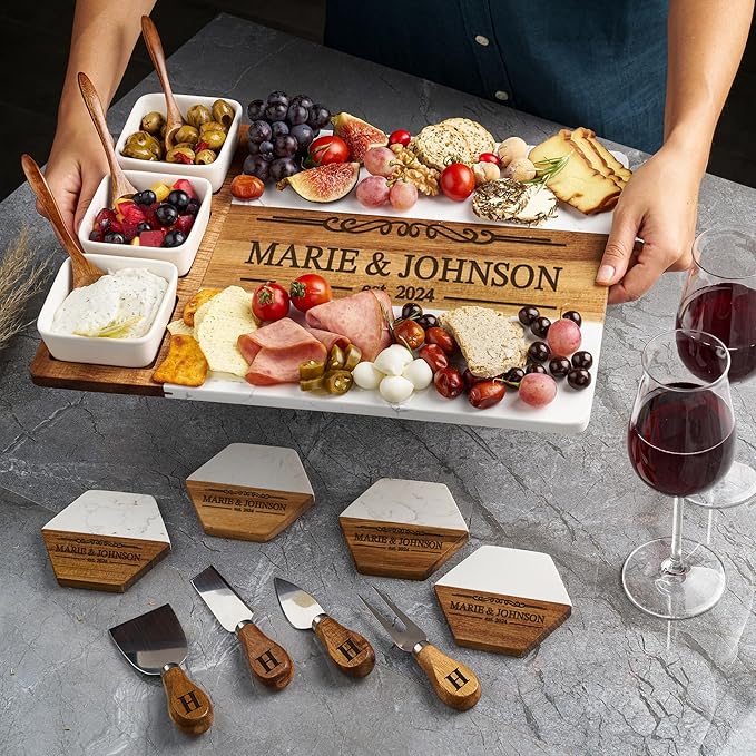 AWESOMETIK Personalized Acacia Wood & Marble Charcuterie Board – Custom Engraved Cheese Board with Knife Set – Perfect Wedding & Housewarming Gift