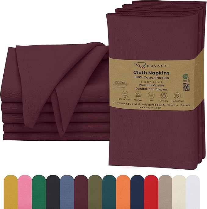 Ruvanti Cloth Napkins Set of 6, 18x18 Inches, 100% Cotton, Washable, Soft & Absorbent, Perfect for Wedding, Christmas, ‎Thanksgiving Dinners - Burgundy