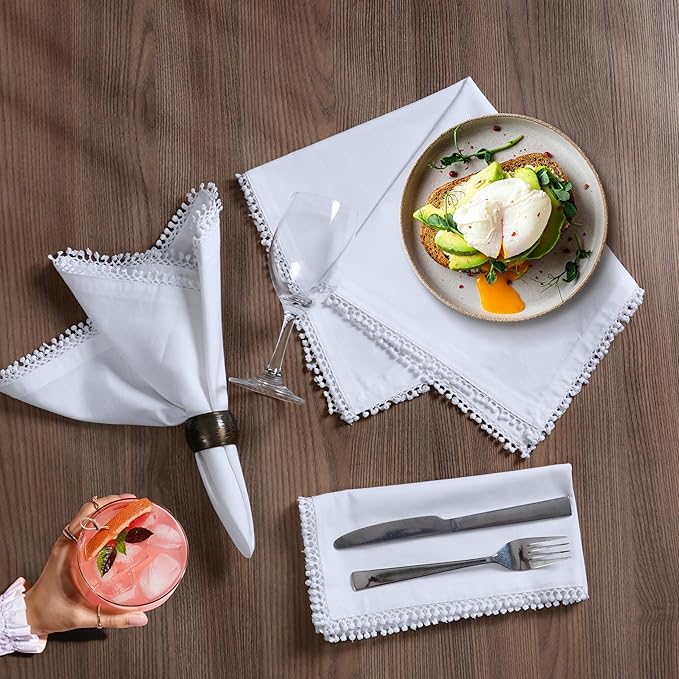 Bedding Craft Cotton Cloth Dinner Napkins Set of 12 – 18x18 Smart White with Decorative Lace Selvedge – Elegant Machine Washable Fabric Napkins for Weddings, Parties, Baby Showers & Table Décor