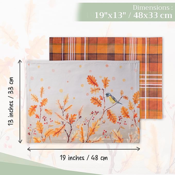 Maison d' Hermine Placemats Set of 4 100% Cotton Washable Cloth Place Mats, Reusable Table Mats for Thanksgiving Christmas Decorations Kitchen Dining Party Wedding Restaurant (Oak Leaves, 13" x 19")