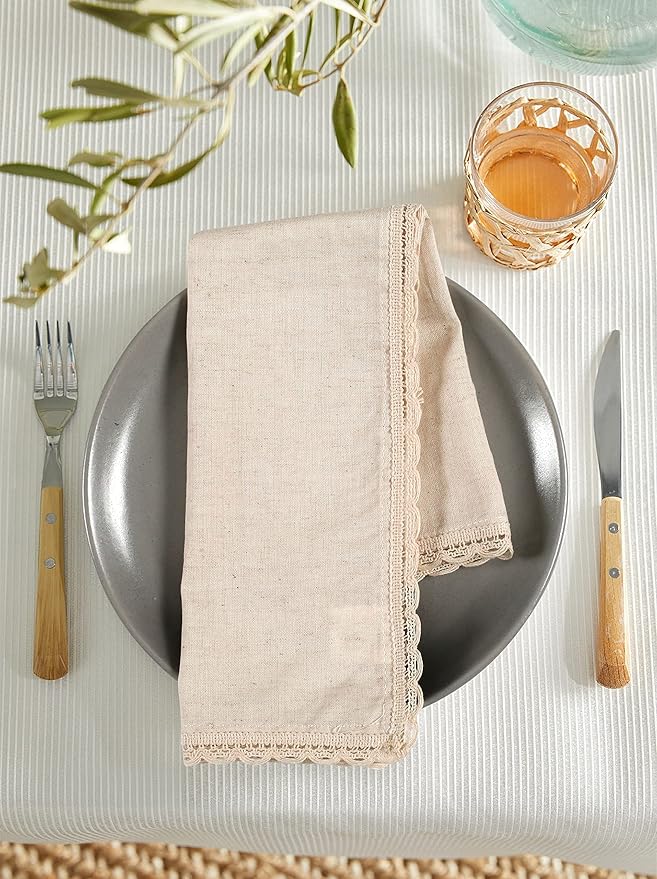 Hausattire Cloth Napkins 12 Pack 20x20 Inches Flax Cotton Washable and Reusable Table Dinner Napkins with Lace for Hotel,Weddings,Thanksgiving Decor| Highly Absorbent Cloth Napkins|Natural