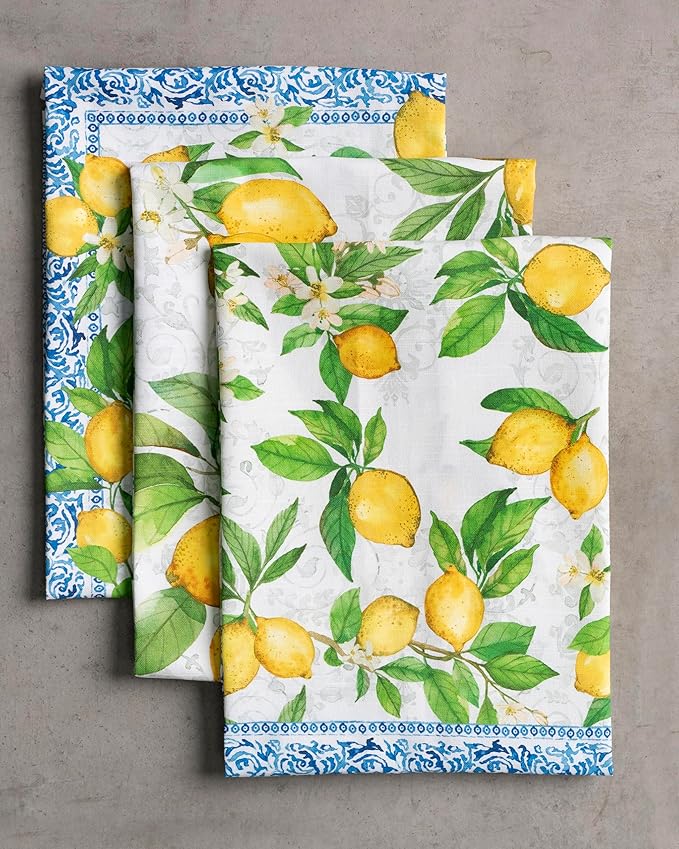 Maison d' Hermine Kitchen Towels Set of 3 100% Cotton 27.50" x 20" Reusable Cloth Tea Dish Towels Absorbent with Hanging Loop for Kitchen, Home, Dining, Cocktail Parties Spring/Summer (Cedrat)