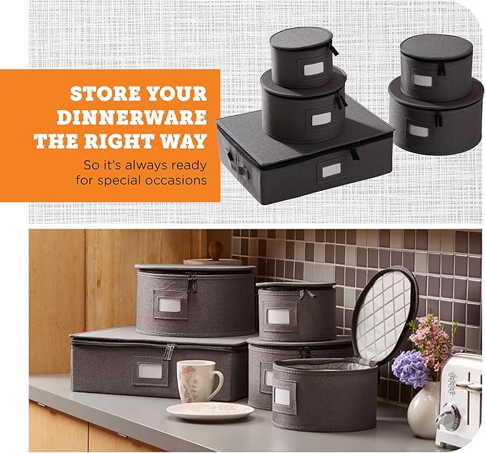 storageLAB China Storage Containers, Hard Shell Case with Felt Dividers for Charger Plates, and Dishes, Ideal for Kitchen Organization, Moving Supplies, and Fine China Storage - 5-Piece Set, Gray