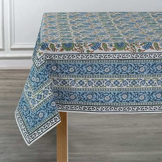 Ridhi Asparagus Green Hand Block Print Cotton Rectangle Tablecloth 140 x 72 inch-Reusable Table Cover Decorative Everyday Use for Dining Room, Farmhouse, Thanksgiving, Christmas Wedding, Fall