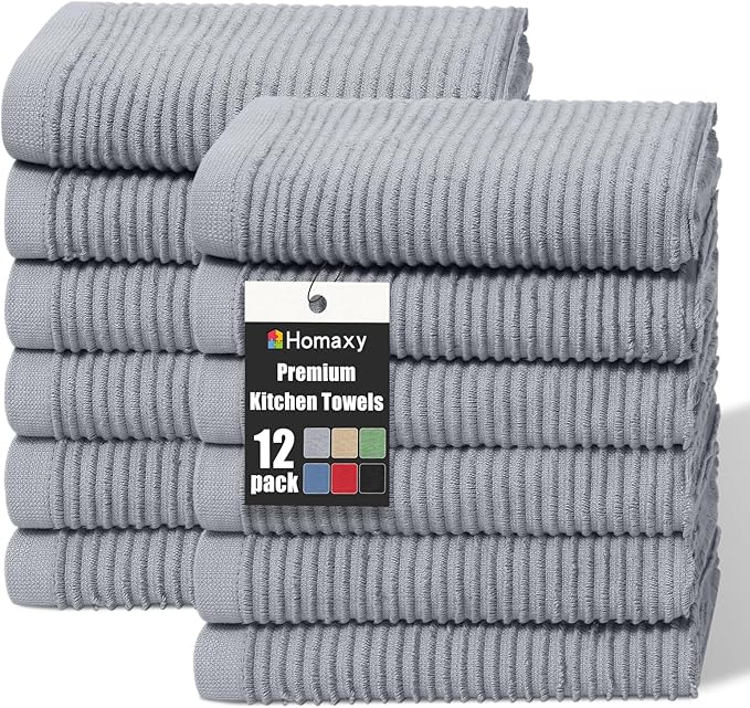 Homaxy Premium Kitchen Towels (18"x 28", 12 Pack), Large 100% Cotton Kitchen Hand Towels, Ultra Absorbent Ribbed Terry Tea Towels Set with Hanging Loop, Grey