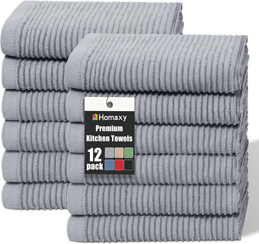 Homaxy Premium Kitchen Towels (18"x 28", 12 Pack), Large 100% Cotton Kitchen Hand Towels, Ultra Absorbent Ribbed Terry Tea Towels Set with Hanging Loop, Grey