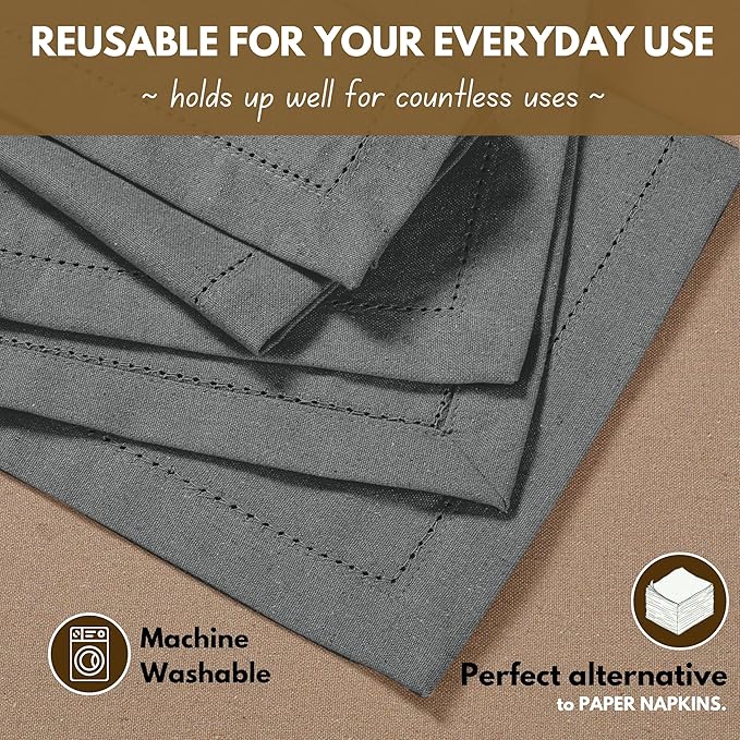 Native Fab Grey Cloth Napkins, Set of 4, 100% Cotton, Hemstitched Mitered Edges 18x18 inch, Soft, Durable, Absorbent, Washable, Hotel Linen Quality - Events, Lunch, Party, Dinner Napkins - Gray