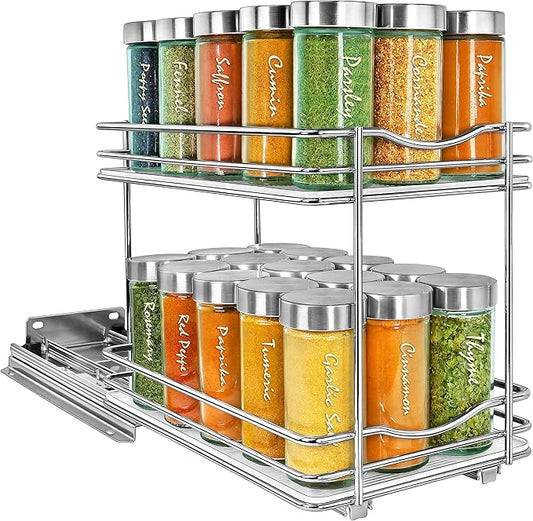 LYNK PROFESSIONAL® Pull Out Spice Rack Organizer for Inside Kitchen Cabinets - 6-3/8 inch Wide - Slide Out Drawer – Chrome Sliding Spice Cabinet Organization Shelf Racks - 2 Tier