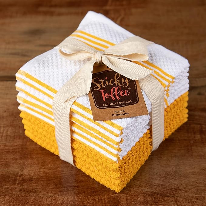 Sticky Toffee Cotton Dishcloths Set of 8 – Yellow and White Dish Towels 12x12 in, Reusable and Absorbent Tea Towels for Cleaning or Drying, Oeko-Tex Cotton