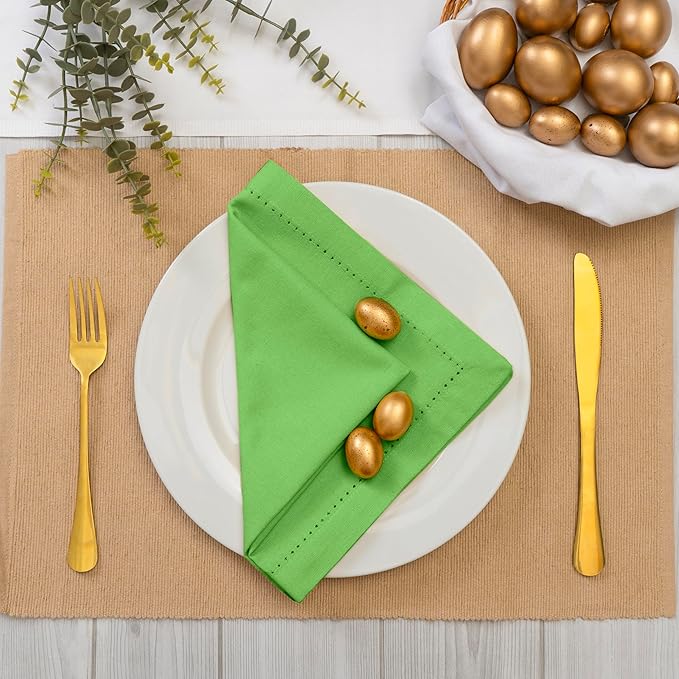 Blue Needles Set of 12 Hemstitch Linen Napkins 100% Cotton Apple Green Cloth Dinner Napkins 18x18 inches, Soft, Reusable, Absorbent, Washable, Ideal for Fall Thanksgiving Events Parties & Everyday Use