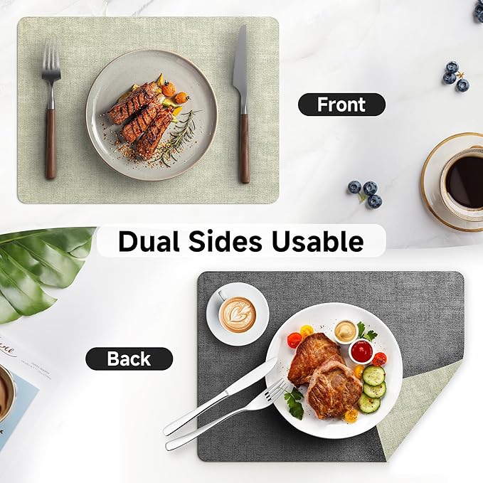 Faux Leather Vinyl Placemats Set of 6 Wipeable Heat Resistant Place Mats 100% Washable - Waterproof - Anti Slip Reversible Table Mats for Kitchen/Dining/Party, 12" x 16.5", Grass Green & Black