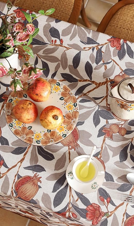 patdrea Designer Brown Rectangle Tablecloth,Framhouse Linen Pomegranates and Leaves Tree Pattern Linen Tablecloth,Fall Fruits Table Cover Cloth Decor for Kitchen Dining Christmas,55"*71"
