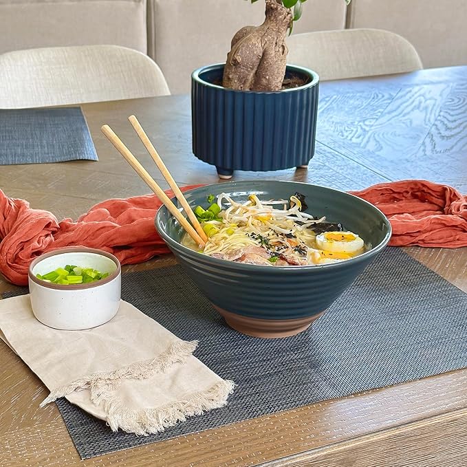 Mora Ceramic Ramen Bowl Set of 2, 45oz - Great for Pho, Miso Udon Soup, Instant Noodles, Serving, Thai or Asian Food - Microwave Safe Large Japanese Noodle Bowls, Modern Kitchen - Charcoal