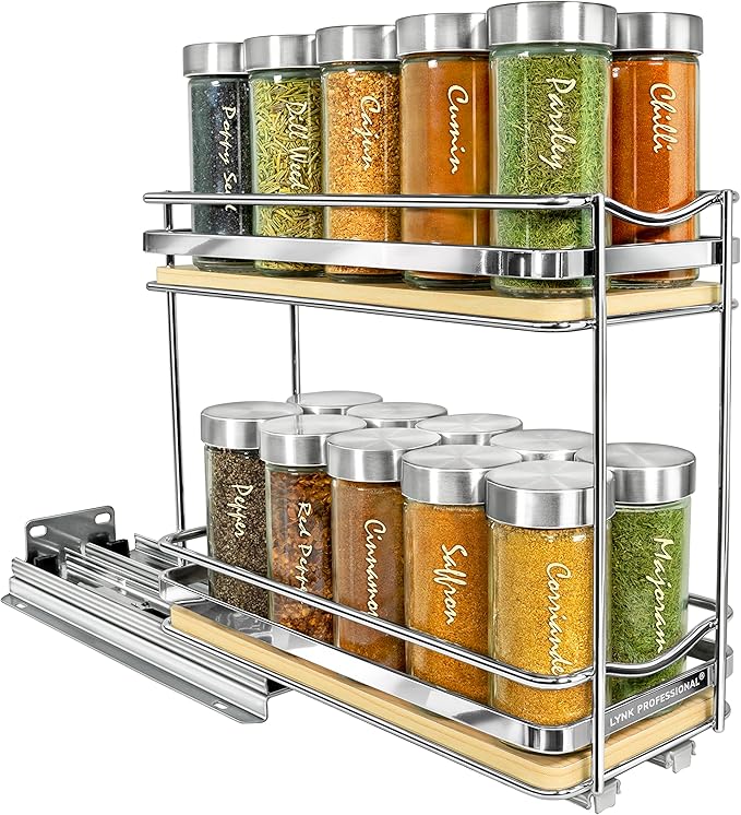 LYNK PROFESSIONAL® Élite™ Pull Out Spice Rack Organizer for Inside Kitchen Cabinets - 4-3/8 inch Wide - Slide Out Drawer – Wood/Chrome Sliding Spice Cabinet Organization Shelf Racks - 2 Tier