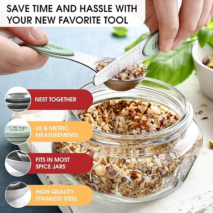 Spring Chef Stainless Steel Magnetic Measuring Spoons Set of 8 with Leveler, Dual Sided Teaspoon & Tablespoon Set, Nesting Metal Kitchen Gadgets for Baking & Cooking, Fits in Spice Jars - Pistachio