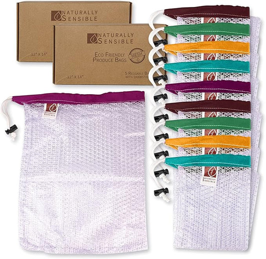 The Original Eco Friendly See Through Washable and Reusable Produce Bags - Soft Premium Lightweight Nylon Mesh Large - 12x14in - Set of 10 (Red, Yellow, Green, Blue, Purple)