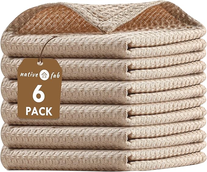Native Fab 6 Pack Waffle Dish Cloths - 100% Cotton, Absorbent, Quick Drying & Soft Towels for Cleaning, Cooking & Drying Dishes - Perfect for Home, Restaurants & Bars, 12x12 inches - Beige