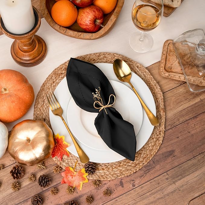 Blue Needles Set of 12 Hemstitch Linen Napkins 100% Cotton Black Cloth Dinner Napkins 18x18 inches, Soft, Reusable, Absorbent, Washable, Ideal for Fall Thanksgiving Events, Parties & Everyday Use