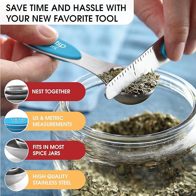 Spring Chef Stainless Steel Magnetic Measuring Spoons Set of 8 with Leveler, Nesting Teaspoon & Tablespoon Measuring Spoons for Dry and Liquid Ingredients, Kitchen Gadgets for Baking & Cooking - Teal