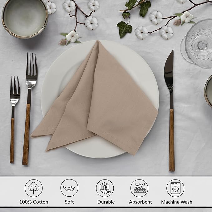 Ruvanti Cloth Napkins Set of 6, 18x18 Inches, 100% Cotton, Washable, Soft & Absorbent, Perfect for Wedding, Christmas, ‎Thanksgiving Dinners - Light Taupe