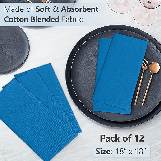 Ruvanti Cloth Napkins Set of 12, 18x18 Inches Napkins Cloth Washable, Soft, Durable, Absorbent, Cotton Blend. Table Dinner Napkins Cloth for Hotel, Lunch, Restaurant, Wedding Event, Parties - Blue