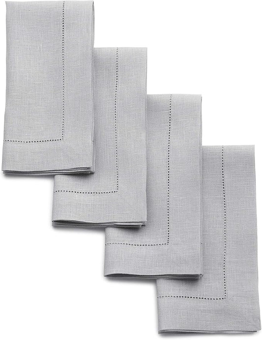 Solino Home Linen Napkins Set of 4 - Classic Hemstitch 100% Pure Linen Soft Grey Dinner Napkins Cloth 20 x 20 Inch for Fall, Autumn, Thanksgiving, Christmas, Winter - Handcrafted and Machine Washable