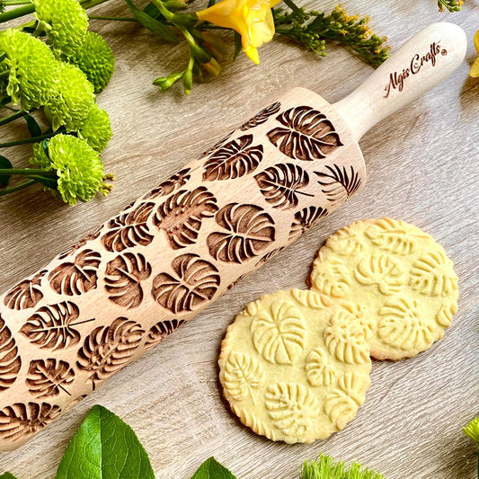 Embossing Rolling Pin MONSTERA with Tropical Pattern. Dough roller for embossed cookies and Pottery by Algis Crafts