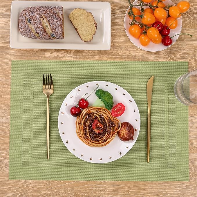 SHACOS Woven Vinyl Placemats Set of 6 Wipe Clean Place Mats for Dining Table Heat Resistant PVC Weave Table Mats Indoor Outdoor (6, Frame Olive Green)