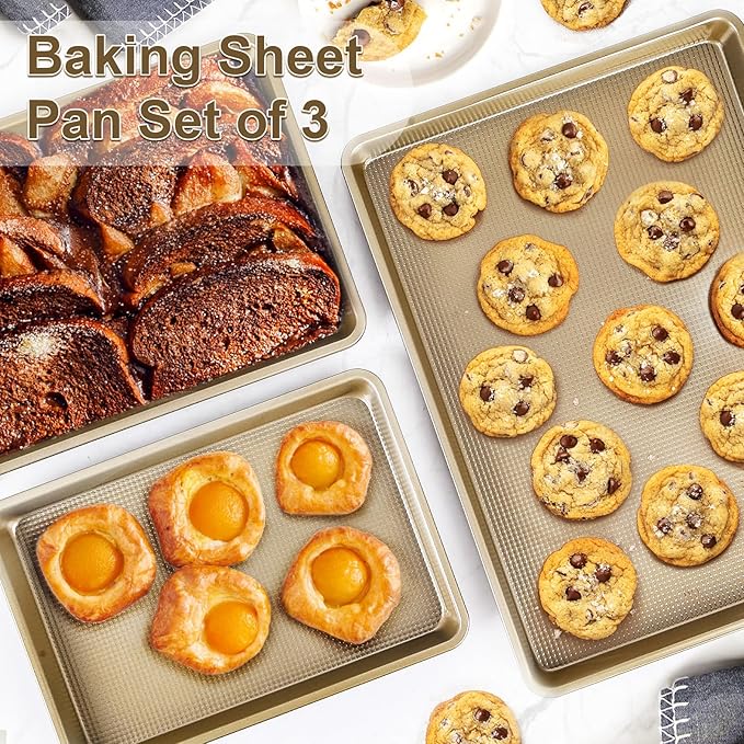 Baking Sheet Baking Pan Set of 3, Nonstick Cookie Sheets for Baking Supply, 17.8''/14.8''/12.8'' Carbon Steel Half/Jelly Roll/Quarter Baking Tray with Diamond Texture, Heavy Duty Cookie Tray