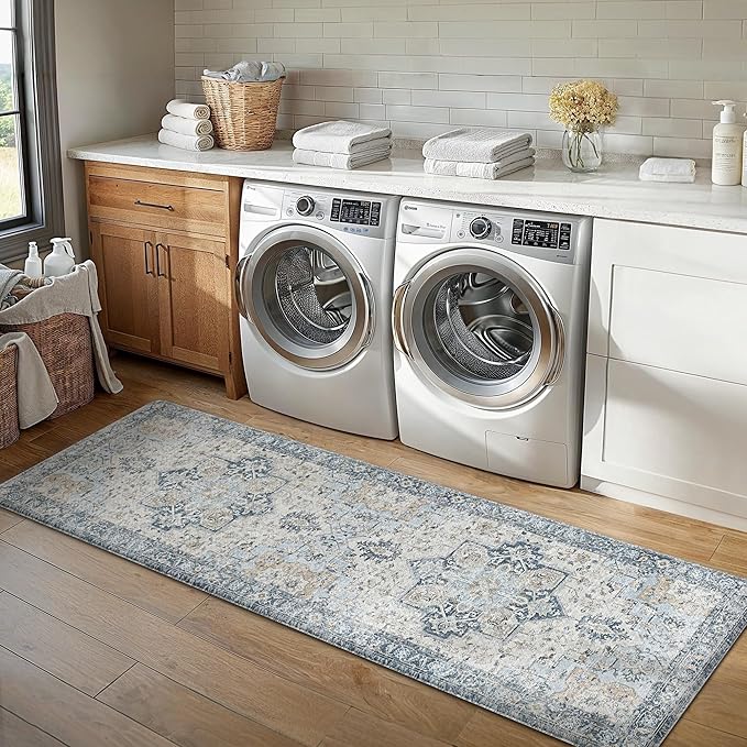 GENIMO Kitchen Mats for Floor 2PCs, Washable Anti Fatigue Mat for Cushioned, 23.6"x71"+20" x 32", Waterproof Kitchen Rugs, Non Slip Comfort Standing Mat Rug for Home, Sink, Laundry, Light Blue