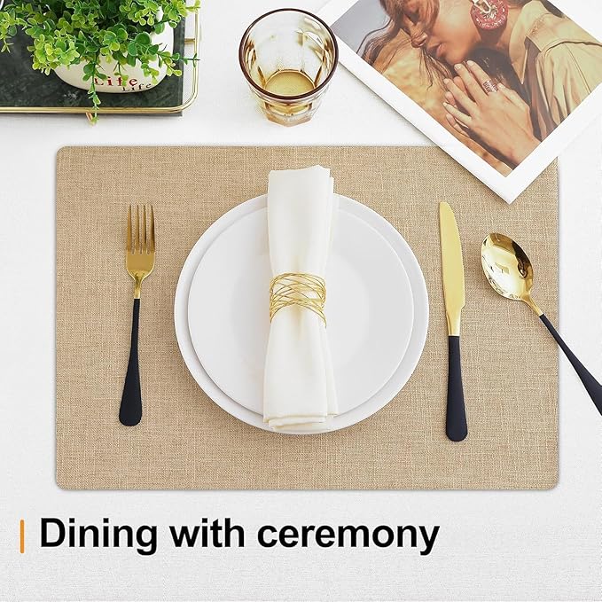 Homaxy Cloths Placemats for Dining Table Set of 8, Heat Resistant Washable Cotton Linen Blend Table Mats, Easy to Clean Place Mats for Indoor Outdoor Party Kitchen Decoration, 13" x 19", Flaxen