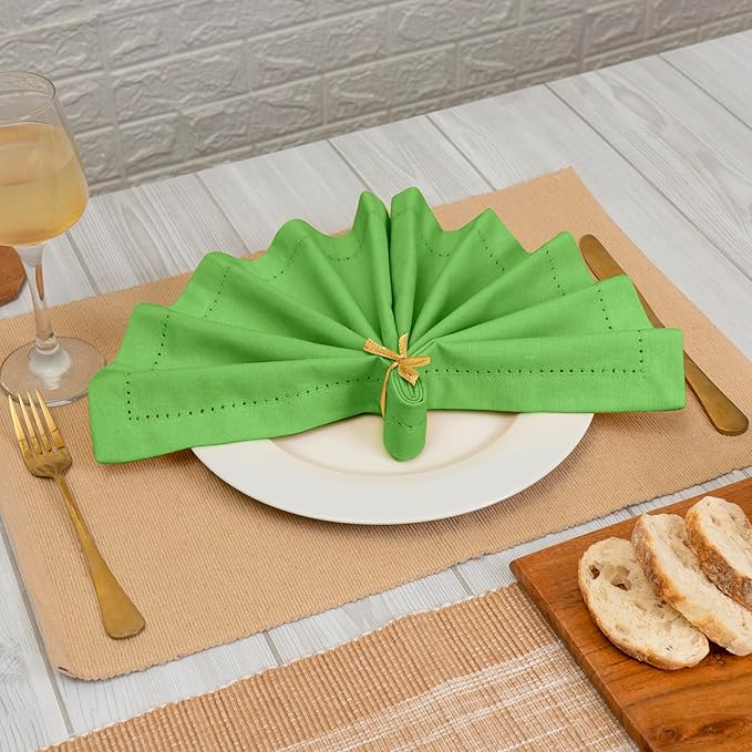 Blue Needles Set of 12 Hemstitch Linen Napkins 100% Cotton Apple Green Cloth Dinner Napkins 18x18 inches, Soft, Reusable, Absorbent, Washable, Ideal for Fall Thanksgiving Events Parties & Everyday Use