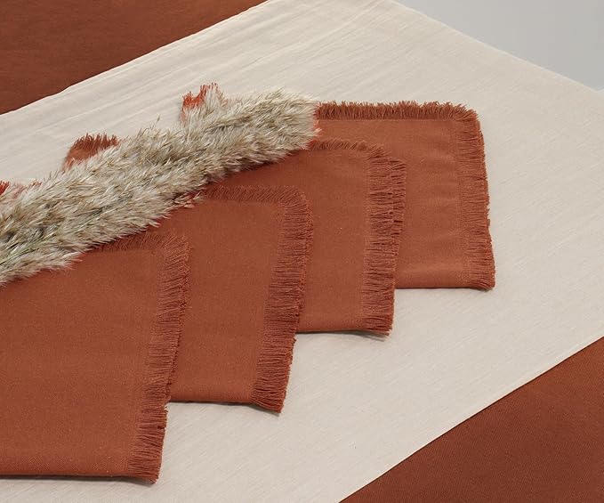 PurpleEssences Rust Cloth Napkins with Fringes, 100% Cotton Christmas Holiday Winter Table Decor, Set of 6 18x18 Inch Reusable Dinner Napkins for Parties and Weddings - Rust