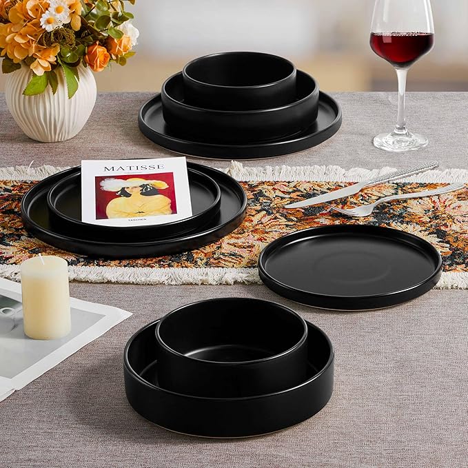 Herogo Dinnerware Sets with Pasta Bowls for 2, 8 Piece Dinner Salad Plates and Cereal Bowls, Stoneware Serving Dishes Dinner Ware for Home Kitchen, Dishwasher & Microwave Safe Dishware, Matte Black
