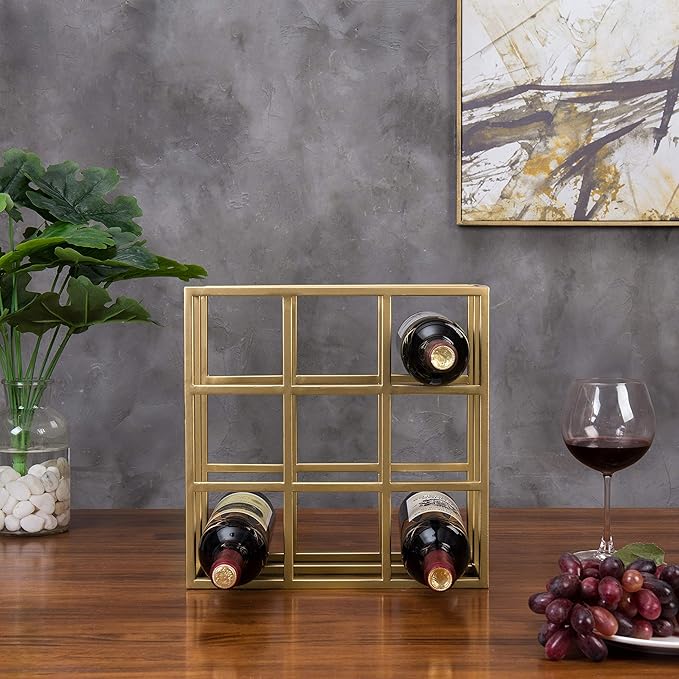 MyGif Brass Wine Rack for 9 Bottles - Modern Metal Tabletop Holder, Horizontal Storage for Kitchen, Bar & Dining Room - Rustic Industrial Decor with Gold Finish