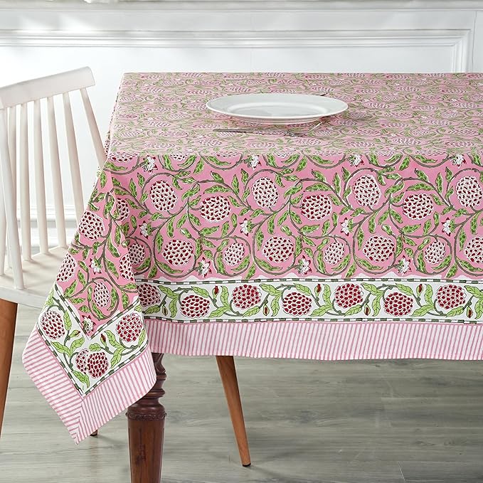 Ridhi Strawberry Pink Hand Block Print Cotton Rectangle Tablecloth 108 x 60 inch-Reusable Table Cover Decorative Everyday Use for Dining Room, Farmhouse, Thanksgiving, Christmas Wedding, Fall