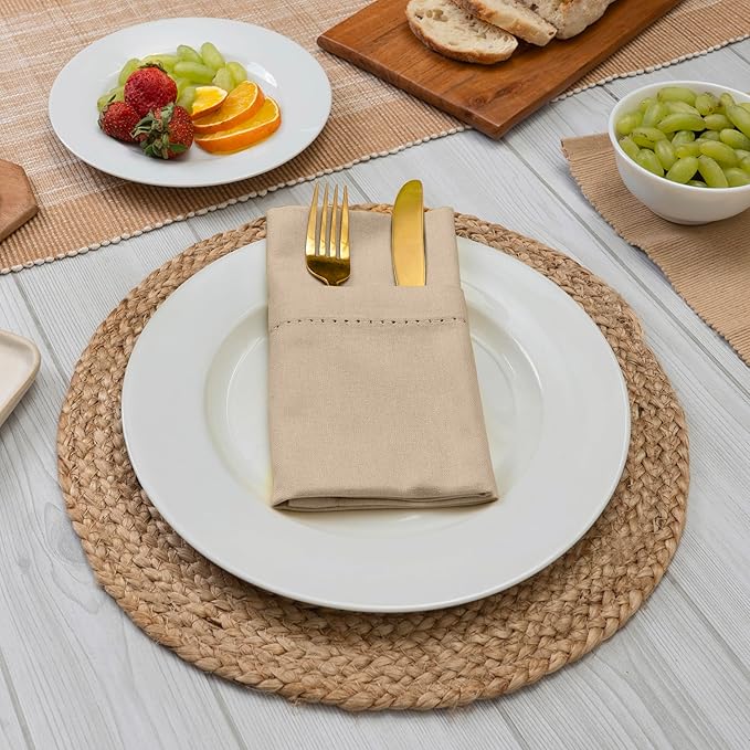 Blue Needles Set of 12 Hemstitch Linen Napkins 100% Cotton Beige Cloth Dinner Napkins 18x18 inches, Soft, Reusable, Absorbent, Washable, Ideal for Fall Thanksgiving Events, Parties & Everyday Use