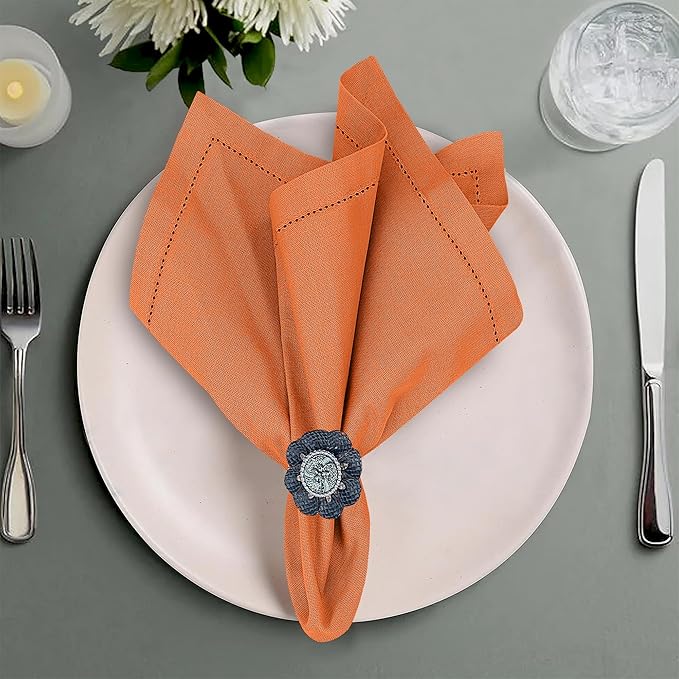 Ruvanti Premium Linen Napkins Set of 12-20x20 Inch, Classic Hemstitch, Mitered Corner Cloth Napkins - Soft, Elegant Dinner Napkins Cloth Washable for Weddings, Parties, Everyday Use - Fall/Orange