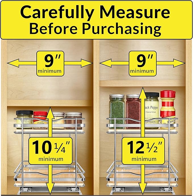 LYNK PROFESSIONAL® Élite™ Pull Out Spice Rack Organizer for Inside Kitchen Cabinets - 8-3/8 inch Wide - Slide Out Drawer – Wood/Chrome Sliding Spice Cabinet Organization Shelf Racks - 2 Tier